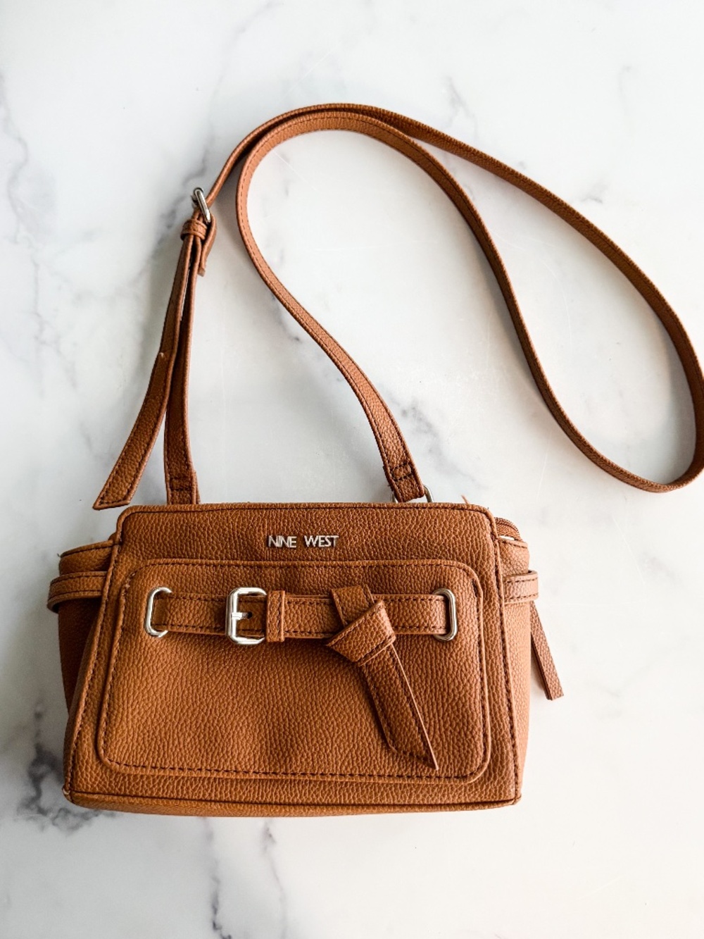 Nine West Women's Brown Pebbled Faux Leather Crossbody Bag Adjustable Stra